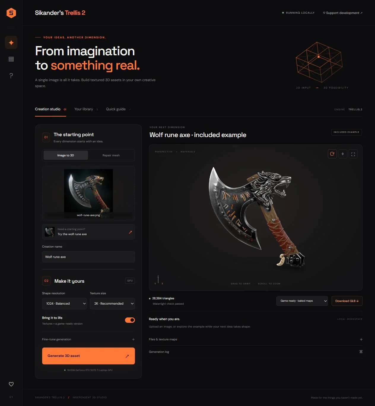 A close view of the studio image input and 3D model preview.