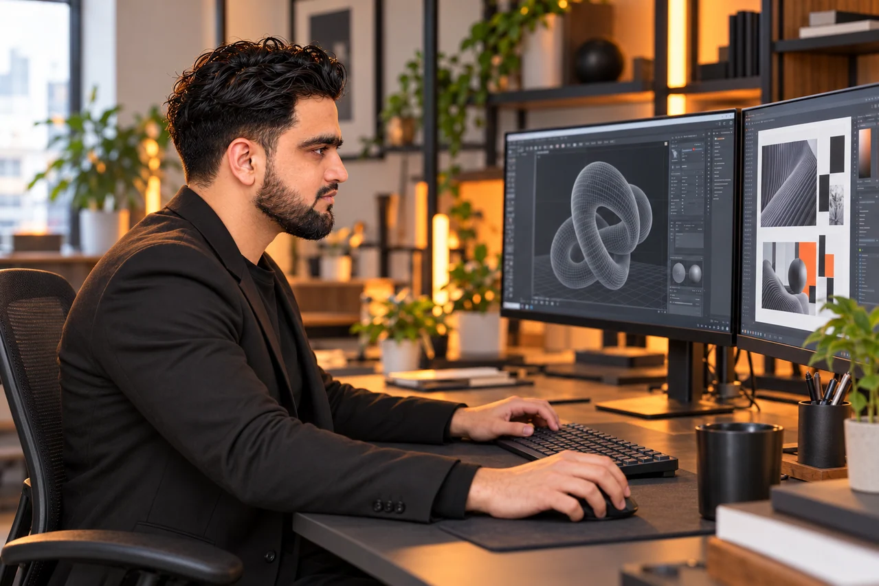 Sikandar in side profile, looking at a monitor displaying 3D forms and visual compositions.